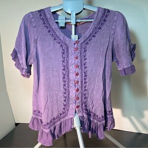 Agar Traders Purple Boho Embroidered Blouse Size L Rayon Peasant Top